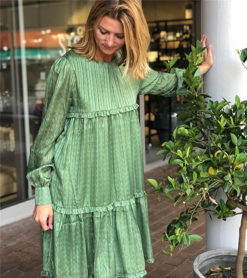 Женщины стоячий воротник Ruffle Trim круглое кольцо полосатый принт платье в зеленом