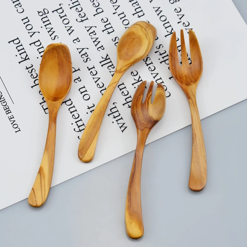 

New Arrival Italy Olive wooden tableware Curved Spoon Fork Set 4pcs/lot Long Handle Wooden Cutlery