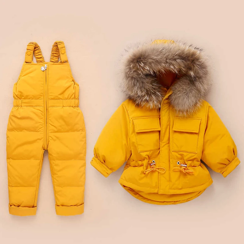 

Russia Winter Children Clothing Sets Jumpsuit Snow Jackets+bib Pant 2pcs Set Baby Boy Girls Duck Down Coats Jacket With Fur Hood