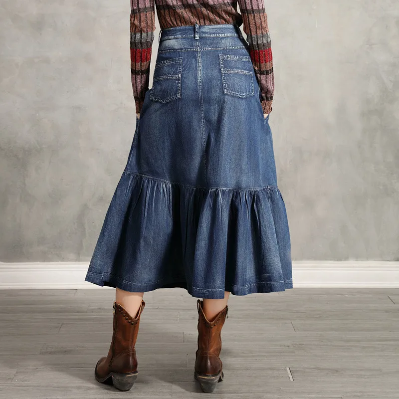 Джинсовые юбки с вышивкой и большим подолом, Женские винтажные ковбойские юбки трапециевидной формы размера плюс, джинсовые длинные юбки макси, Saia Feminina X2230