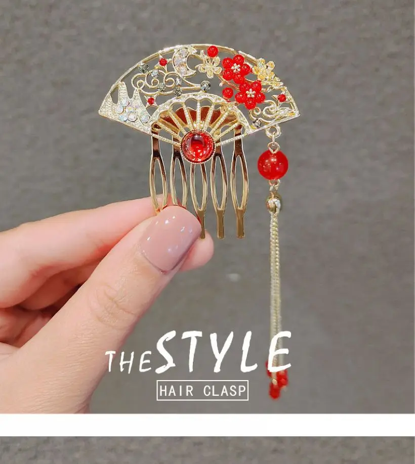 

Beautiful Hairpin China Style Bodkin Red Pin Fan Shape Dressing Women Decorations Inlay Gemstone