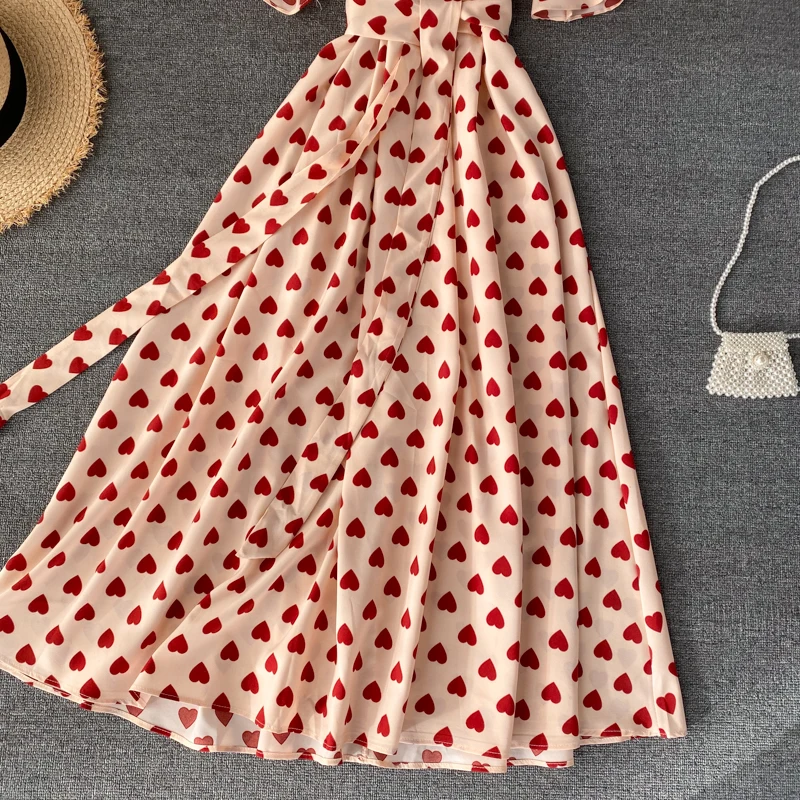 Slim 2020 Vintage Love Heart Print V Neck Bandage Dress Summer Midi Long Party Women high waist Vestido de festa elegant dress