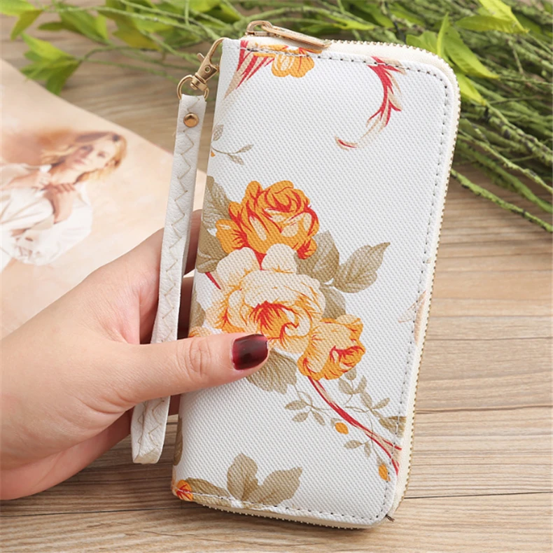 Women's Rose Print Wallet Fashion Wild Double Zipper Clutch Bag Multi-card Wallet Purse - Цвет: Коричневый