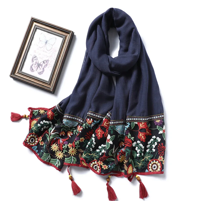 Винтаж Цветочный Принт шали и обертывания кружева вышивка хлопок шарф для женщин твердые кисточки пашмины женский платок хиджаб Femme