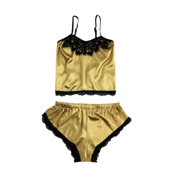 

Pajamas set 2020 new Sexy Satin Pajama Set Black Lace V-Neck Pyjamas Sleeveless Cute Cami Top and Shorts #3