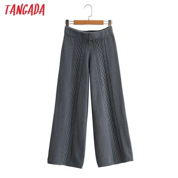 

Tangada fashion women gray sweater pants trousers vintage style office lady wide leg pants pantalon 2F88