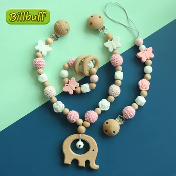

New Baby Teether Beech Beads Elephant Teething Pendant Pram Clips Hanging Toys Mobile Holder Stroller Chains Newborn Wooden Gift