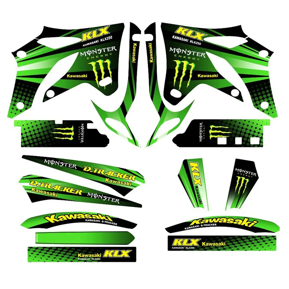

New Green Full Graphics Decals Stickers Custom Number Name 3M Bright Stickers For Kawasaki D-TRACKER KLX250 2004 2005 2006 2007