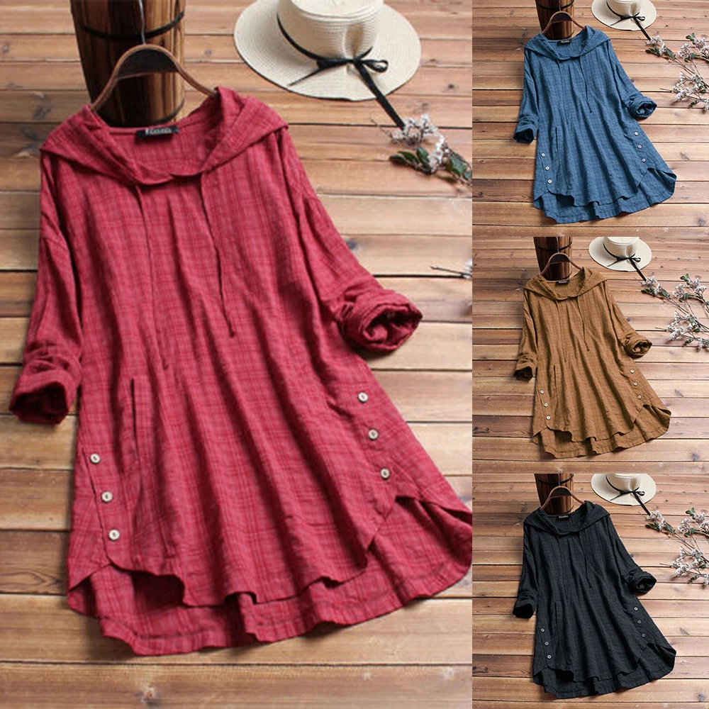 

Vertvie Summer Plaid Dress Women Short Linen Hooded Plus Size Dress Casual Loose Female Botton Vintage Cute Dresses Sundress New