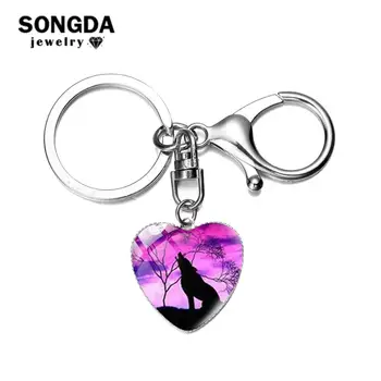 

SONGDA Wild Animal Nordic Wolf Keychain Howling Wolf and Moon Photo Glass Convex Heart Pendant Keyring Car Key Chain Men Jewelry