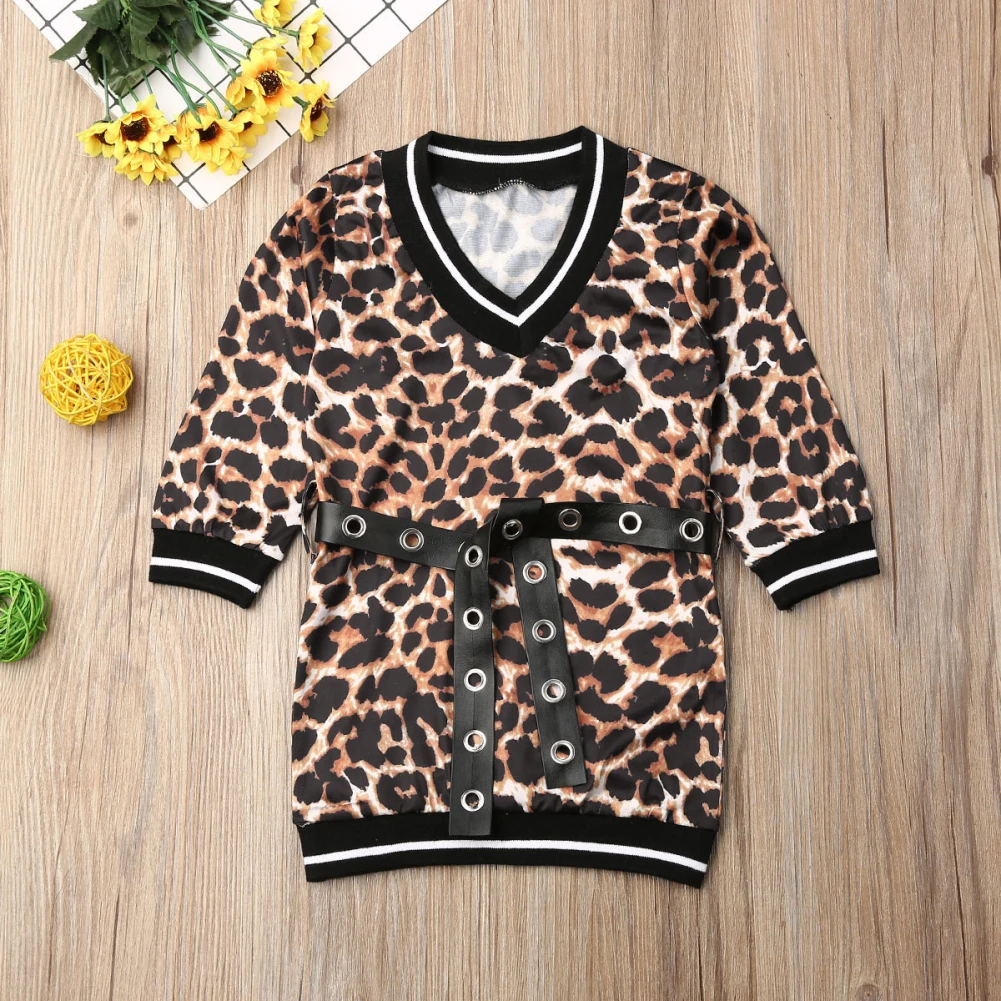 Winter New 2pcs Toddler Kids Baby Girl Long Sleeve Leopard Dress+Waistband Casual T-shirt Dress Clothes 1-6 Years