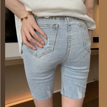

Denim Shorts Women's Summer 2020 New Light Color Jeans Pierced High Waist Tights 5-point Pants Bodycon Trousers