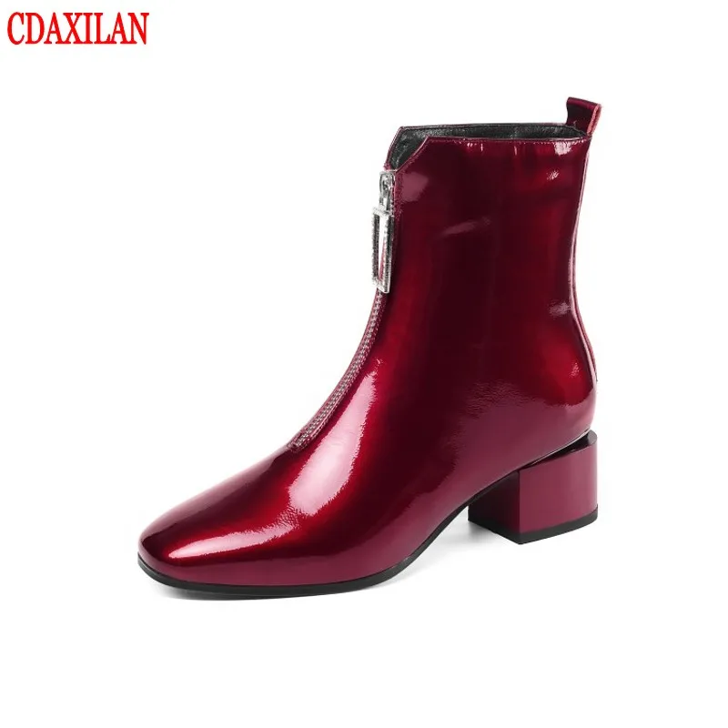 New to women's ankle boots genuine cow patent leather fabrics front-zipper square toe Mid-heels motorcycle boots ladies winter