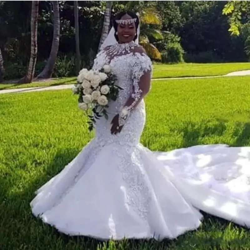 

African Plus Size Mermaid Wedding Dresses High Neckline Illusion Long Sleeve Appliques Beaded Bridal Gowns