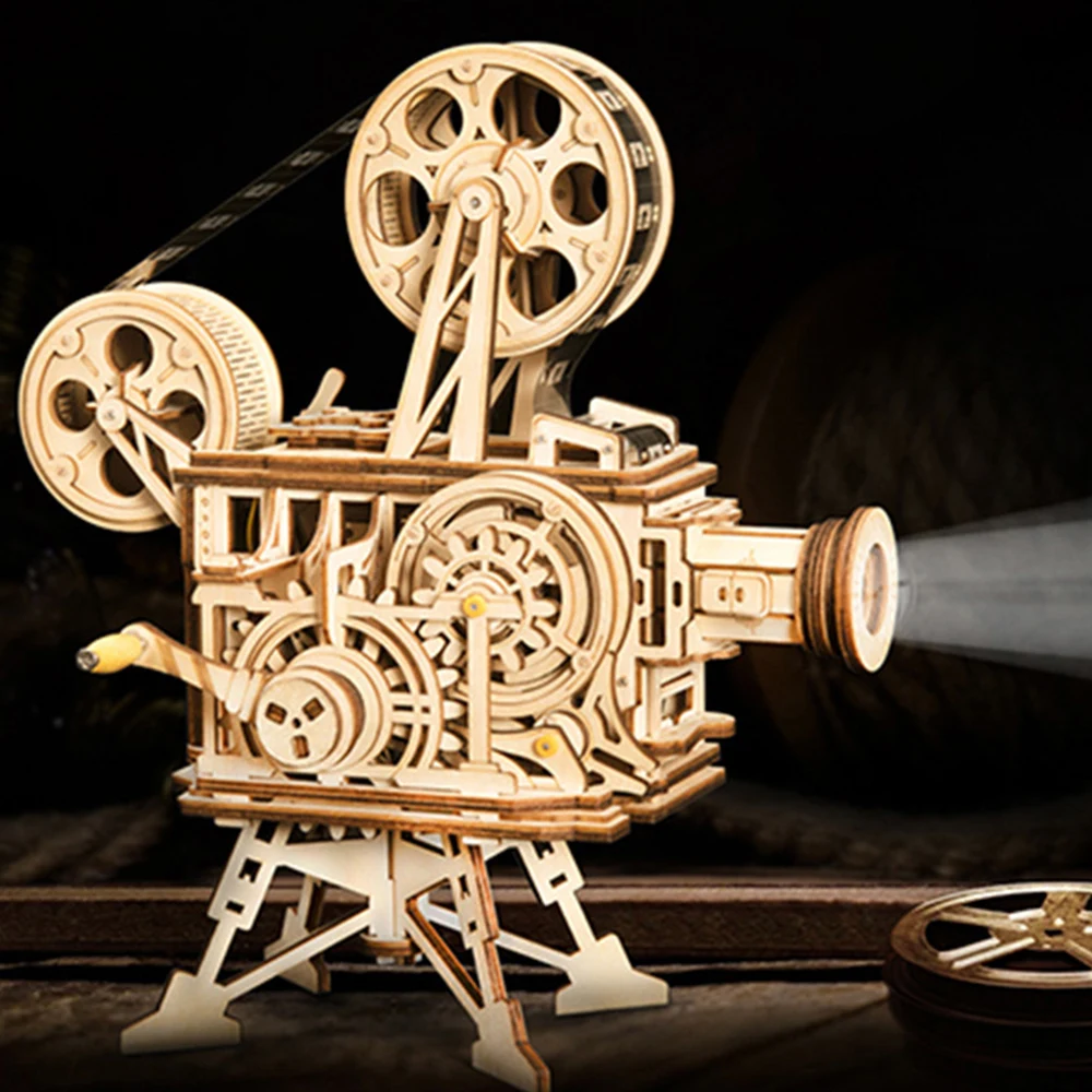 

Wooden projector 183pcs Vintage Diy 3D Hand Crank Film Projector Wooden Puzzle Game Assembly Vitascope Toy Gift for Children