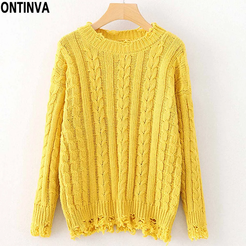 

Ladies Irregular Hole Knitted Sweaters Twist Pattern Style Pullovers Woman Winter Casual O-Neck Loose Solid Jumpers Free Size