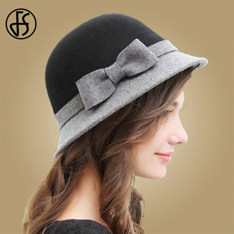 Женская винтажная шляпа котелок FS шерстяная с круглым котелком и бантом летняя