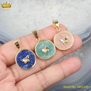 

5Pcs/Lot Natural Labradorite Amazonite Pink Quartz Round Gold Charms Findings,Paved Butterfly Gold Charms For DIY Jewelry Making