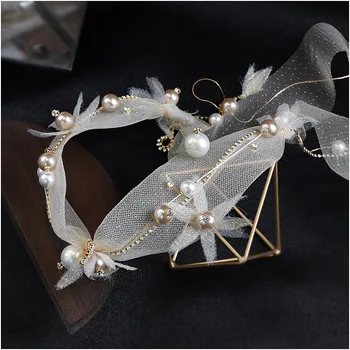 

white crepe luxury big pearl Handmade headbands Gold Soft Yarn Hair Band wedding Bridal Headdress