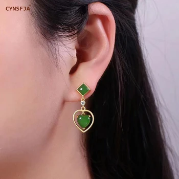 

CYNSFJA New Real Certified Natural Hetian Jasper 925 Sterling Silver Gold Plated Lucky Amulets Jade Earrings Elegant Best Gifts