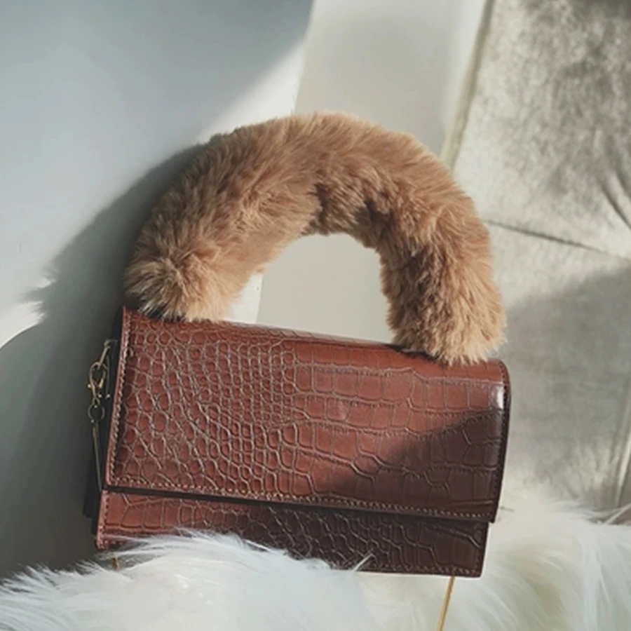

Designer Plush Handle Chains Handbags Women Alligator Messenger Bag Ladies Crocodile PU Soft Fur Handle Shoulder Bag Small Purse