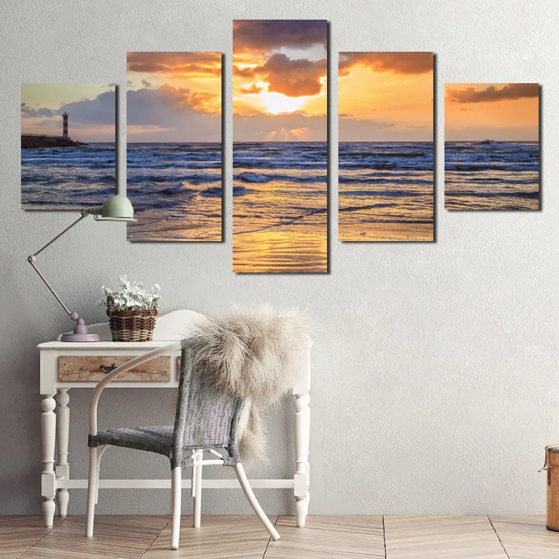 5 Pcs Wall Painting Golden Sunset Glow and Tide Seascape Photography Hd Printing Canvas Frameless Home Decoration Poster | Дом и сад