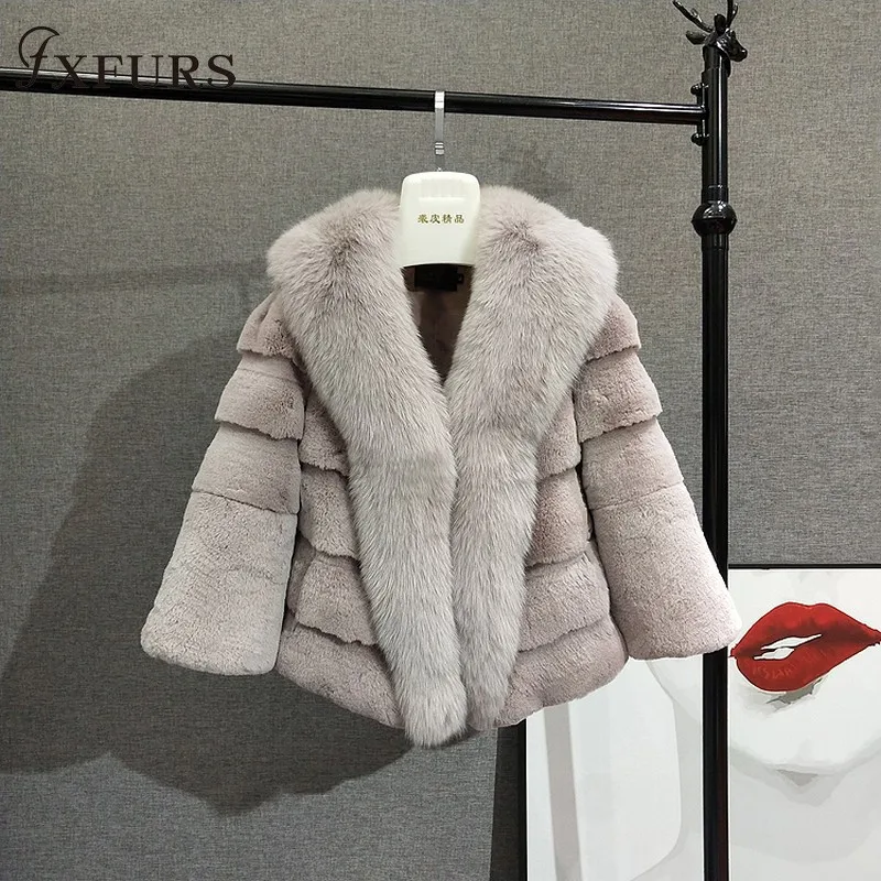 FXFURS новые зимние куртки из кроличьего меха шали женские модные меховые пальто Теплые Короткие повседневные с лисьим мехом воротники настоящие полосы