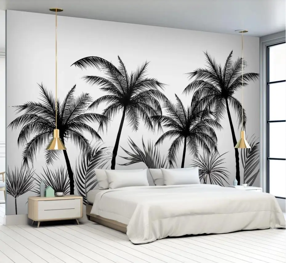 Черный и белый стиль кокосовой пальмы ТВ фон стены 3d фрески обои для гостиной