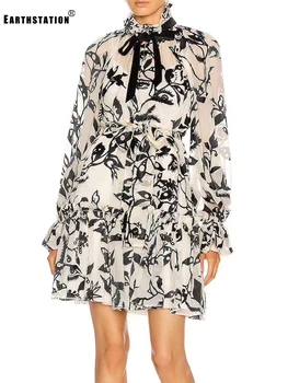 

Free shipping pleated zou bow tie tie waist loose loose retro printed dress ladies autumn new style big hem puff skirt