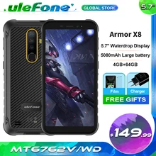 Ulefone Power X8 IP68 IP69K прочный телефон 4 Гб Оперативная память + 64 Гб Встроенная память MT6762V 5080mAh большой Батарея Android 10 мобильный телефон