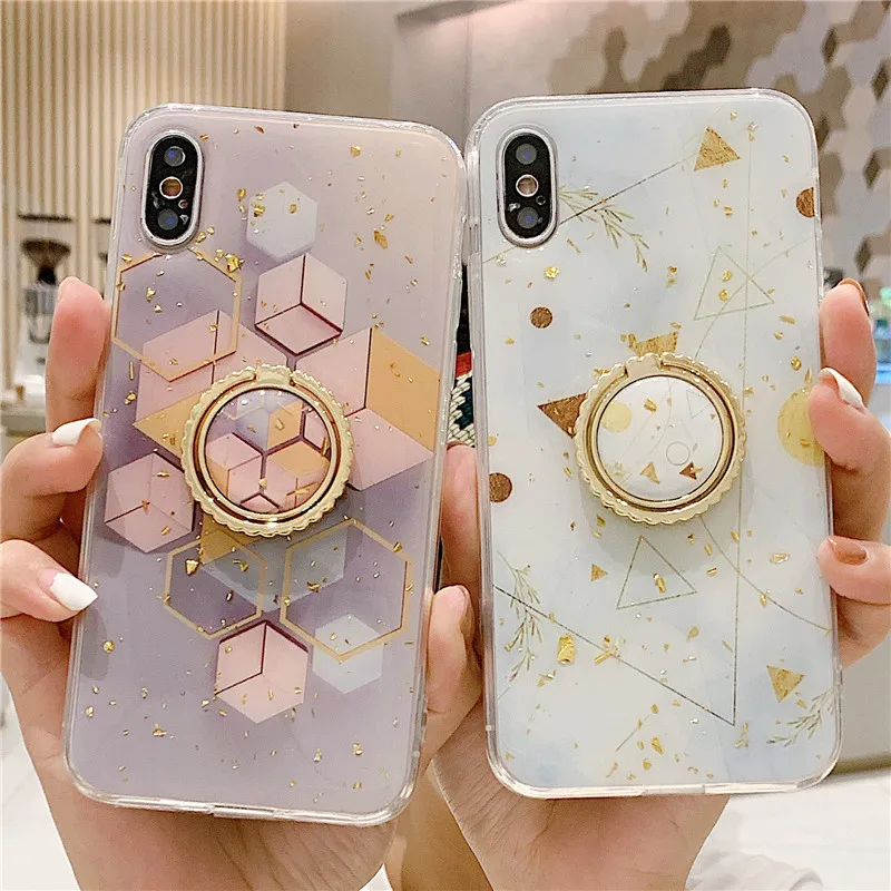 

FingerRing Stand Phone Case For iPhoneXs Case Gold Foil Floral Silicon Soft Cover For iPhone XR Max 7 Plus 8 6 Holder Case Coque