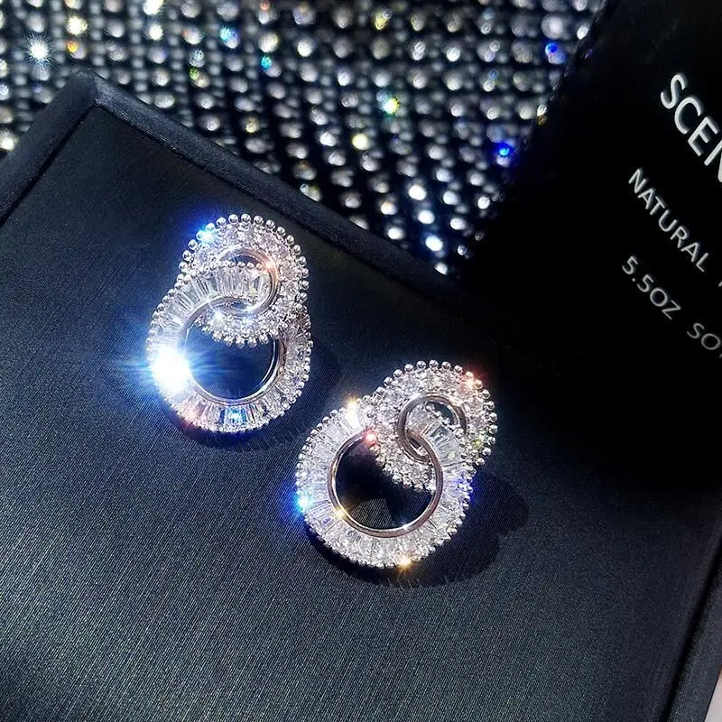 Stud-Earrings Zircon-Stone Fashion Jewelry Bling Silver-Color S925 Women Round Cute 