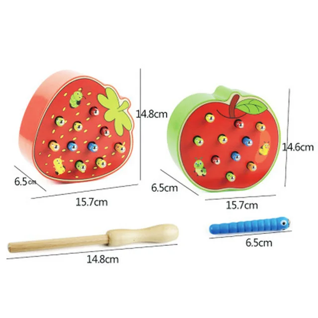 Hot Sale Baby Wooden Toys 3D Puzzle Early Childhood Educational Toys Catch Worm Game Color Cognitive Magnetic Strawberry Apple 6