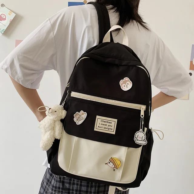 Trendy Women Cute Backpack Nylon Female Harajuku School Bag College Book Lady Badge Backpack Kawaii Fashion Girl Bag Student New 2
