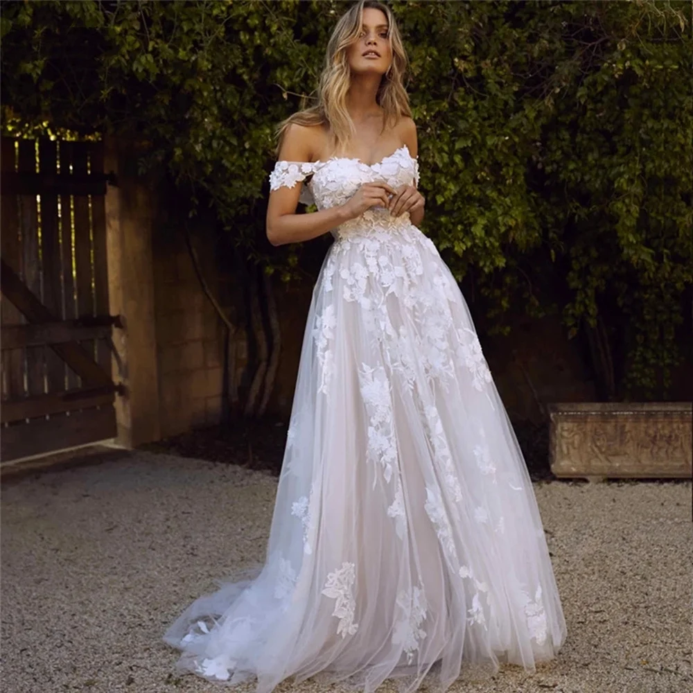 lace wedding dress Boho Sexy Off the Shoulder Cheap Wedding Dresses A Line Lace Appliques Backless Bridal Gown Vestido De Noiva Wedding Gown wedding dresses