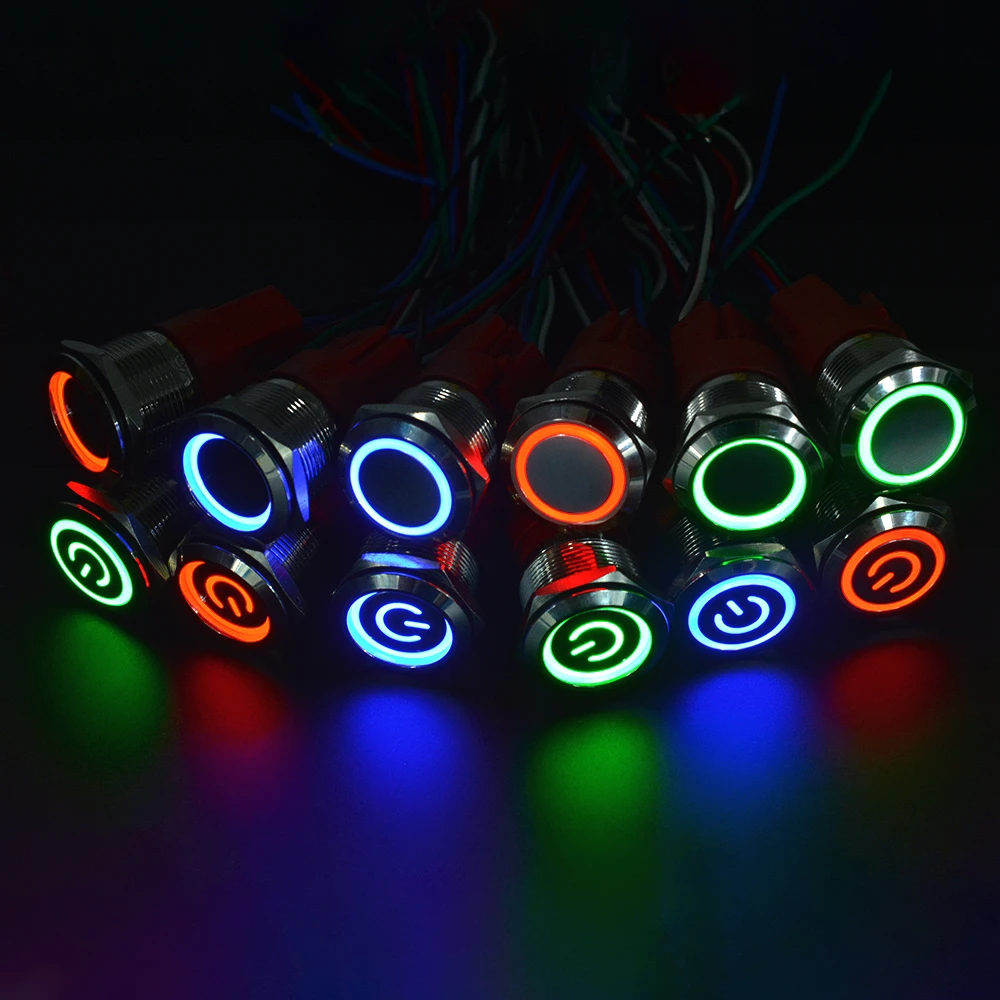 

16mm Metal Annular Push Button Switch Ring LED Red Green Blue 250V 5A Self-reset Momentary Waterproof for Car Auto Engine