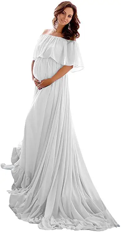 Vrouwen Off Shoulder Moederschap Gown Fotografie Jurk Chiffon Maxi Zwangere Prom Avond Party Dress Met Trein Vrouwen Off Shoulder Moederschap Gown Fotografie Jurk Chiffon Maxi Zwangere Prom Avond Party Dress Met Trein