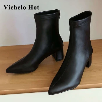 

Vichelo Hot natural leather pointed toe high heels winter keep warm shoes women young lady daily wear casual mid-calf boots L1f1