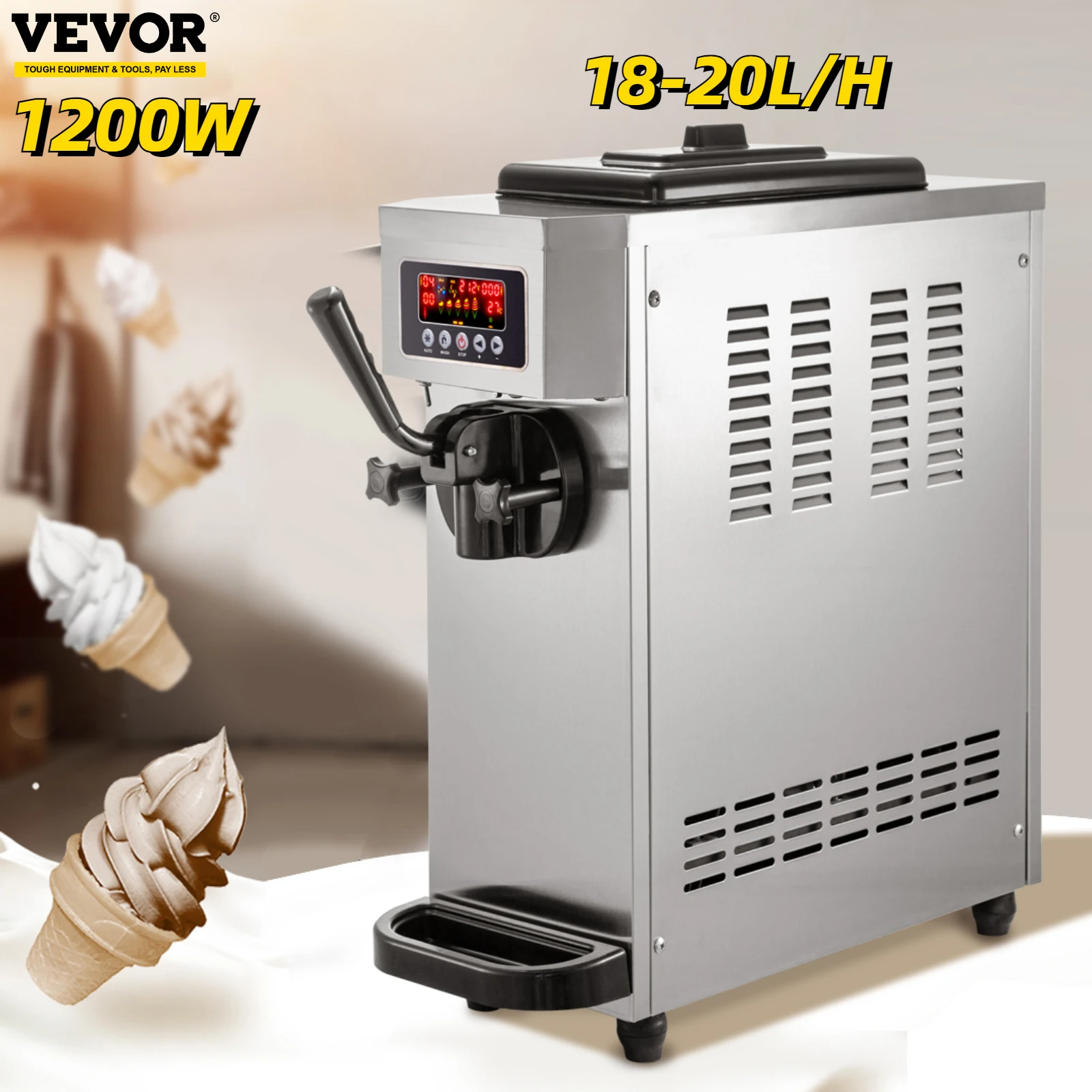 VEVOR Commercial Ice Cream Maker Single-Flavor Benchtop 1500W 20L/H Home Countertop Pre-Cooling Gelato Machine Kitchen Appliance