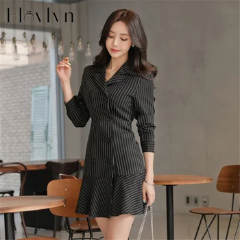 

Vintage Striped Black A-line Women Short Dress V-neck Ruffles Double Breasted Slim Waist Female Mini Dress Elegant vestidos