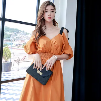 

Plus Size Streetwear 2019 Summer Dress Women Big Swing Evening Party Dress Women Off-Shoulder Puff Sleeve Corset Yellow Dress