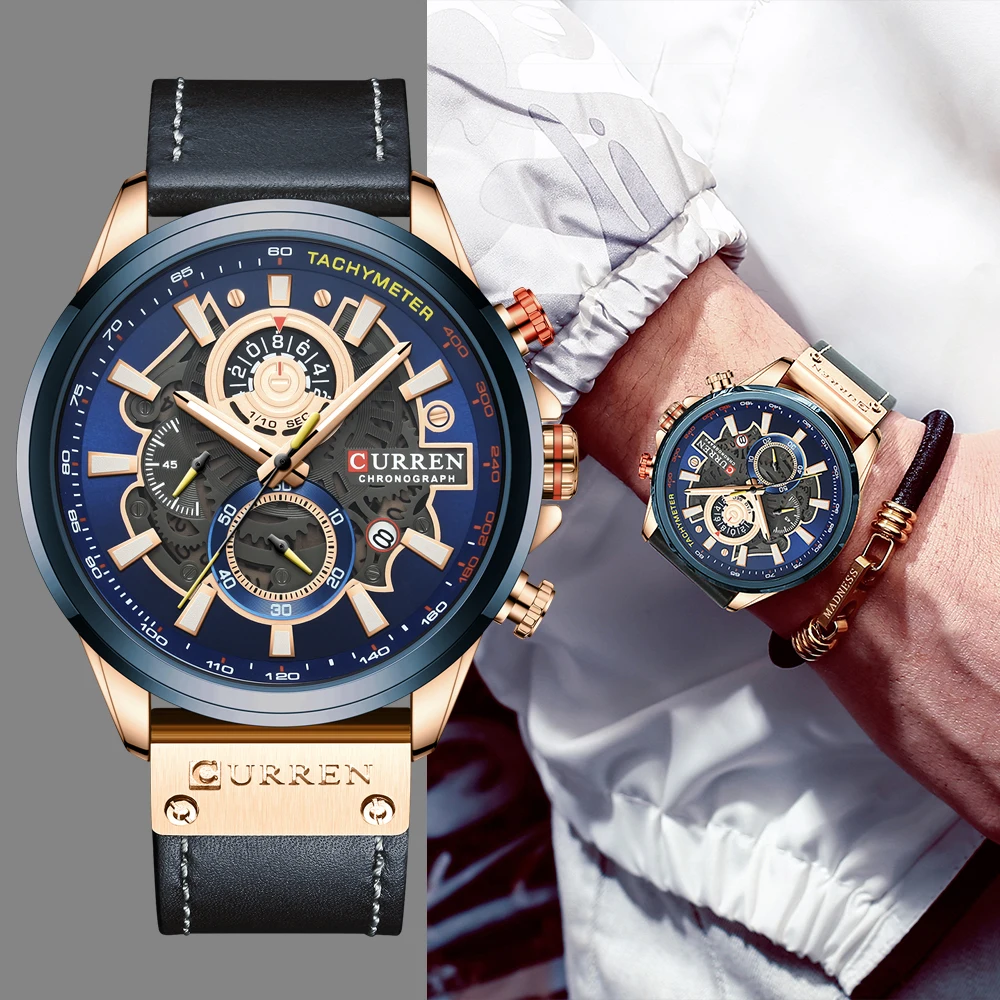 

Top CURREN Sports Watch Men Quartz Wristwatch Chronograph Male Watches Leather Strap Clock Quartz часы мужские наручные