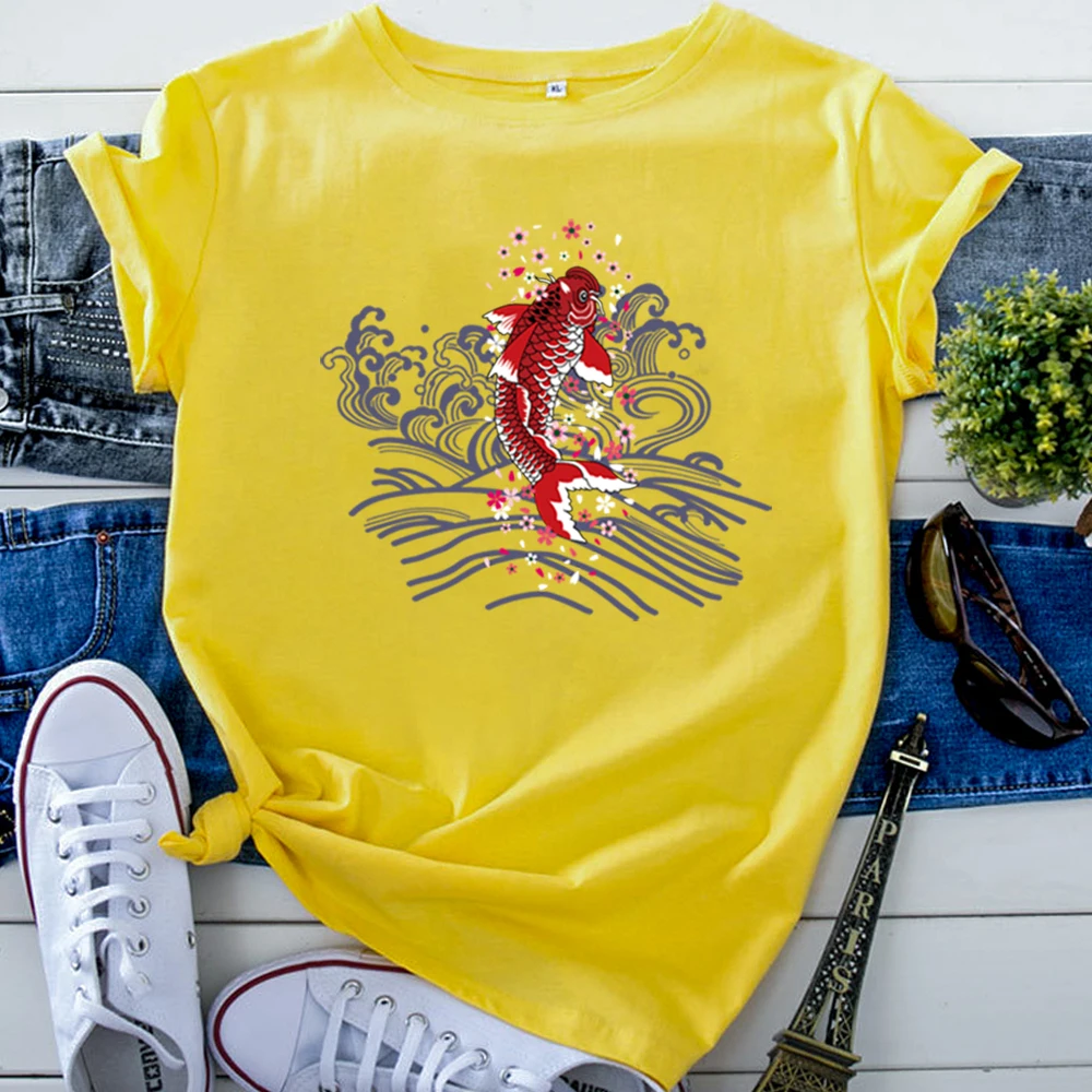 Womens Shorts Sleeve Shirts Fashion Japanese Koi Printing Woman T-Shirts Punk Casual Clothing Fashion Funny Tshirt For Women