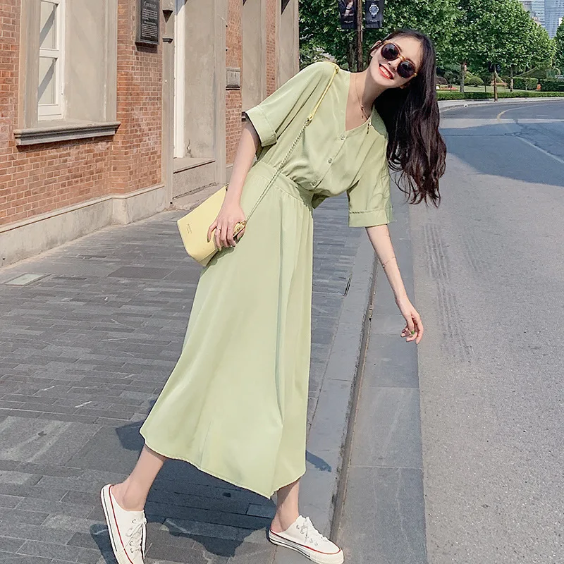 

Photo Shoot Dress 2019 Summer Wear New Style Popular Wisdom Smoked Skirt French High-waisted MORI Series Eggsshop Platycodon Gra