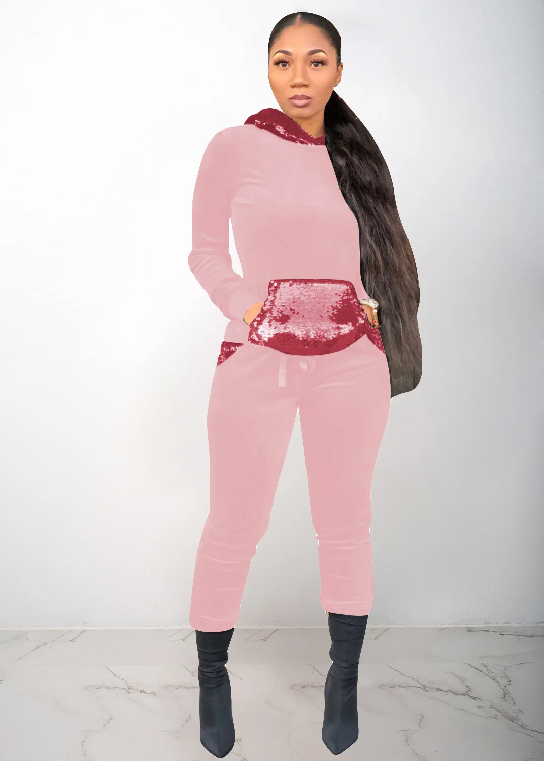 pink colour Расшитые блестками спортивные костюмы с длинными рукавами, толстовки с карманами, топы и обтягивающие штаны, комплекты из двух предметов, осенние женские повседневные наряды - Цвет: pink colour