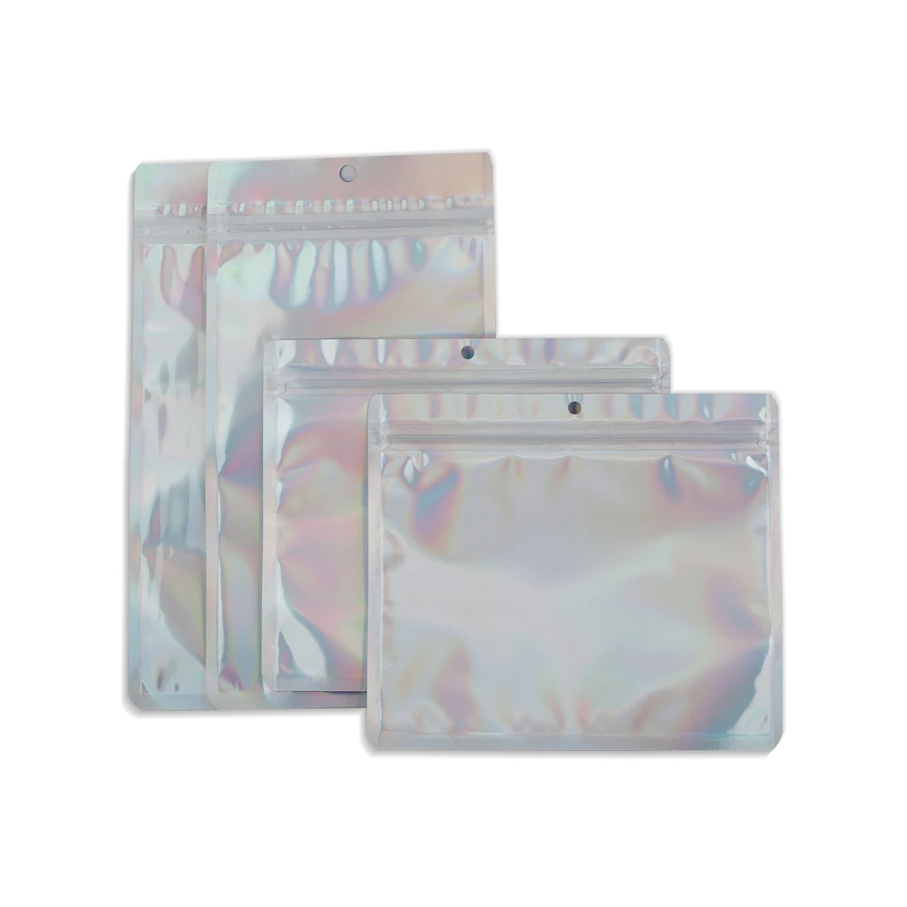 

Big SIze Hologram Zip Lock Bags Jewelry Cosmetic Clear Front Laser Aluminum Foil Flat Ziplock Plastic Bags Hang Hole 50Pcs