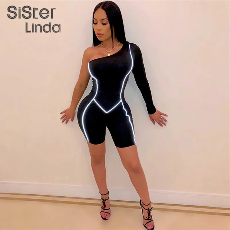 

Sisterlinda One-Shoulder Reflective Stripe Playsuit Women Rompers 2019 Fashion Patchwork Skinny Jumpsuit Night Party Clothes