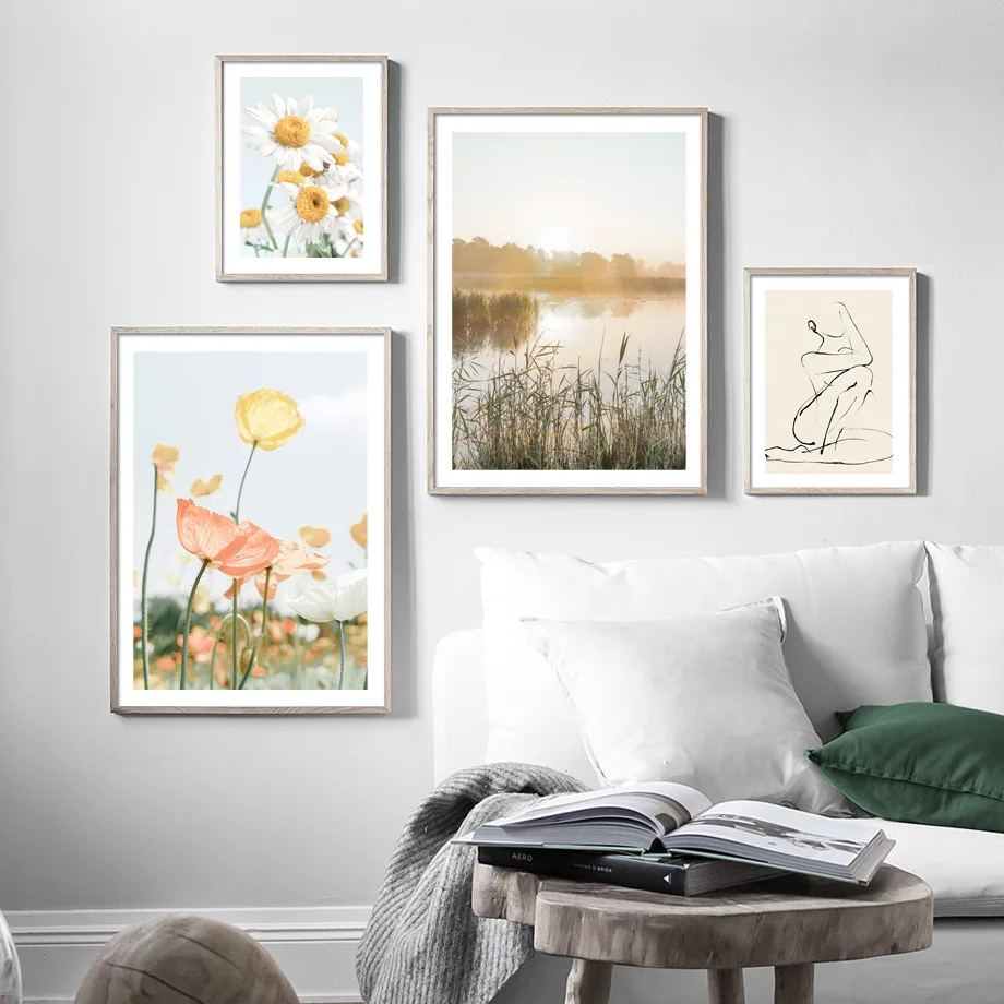 Papavero Daisy Flower Sunset Beach Grass Bird Lake Nordic Poster Wall Art Print Canvas Painting Immagini A Parete Per La Decorazione Del Soggiorno