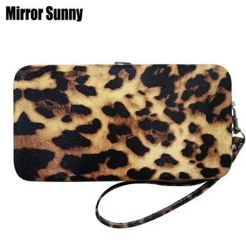 

MIRROR SUNNY WA021 Fashion leopard PU women cellphone wallet PU lady wristlet purse female cellphone bag card holder Carteira