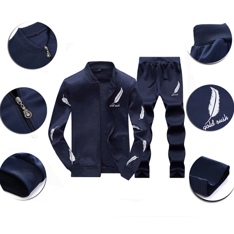 Spring Tracksuit Men 2 Pieces Set Men's Sportswear Brand Clothing Sweat Suits Feather Printed New Zipper Hoodie Mens Jogger Sets